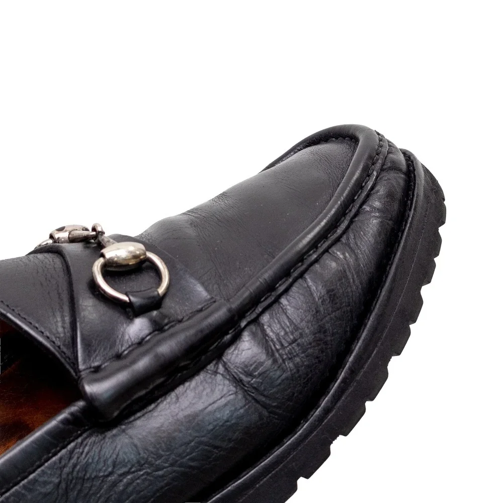 Vntg Gucci Black Leather Horsebit Loafers Vibram Gumlite Lug Sole Mens 10